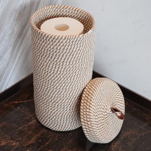 Toilet Paper Holder Handmade – Woven Cotton Toilet Paper Stand & Storage Basket with Lid, Freestanding Organizer for Bathroom, Fits 3 Mega Rolls Gradient Brown 14'' x 7''