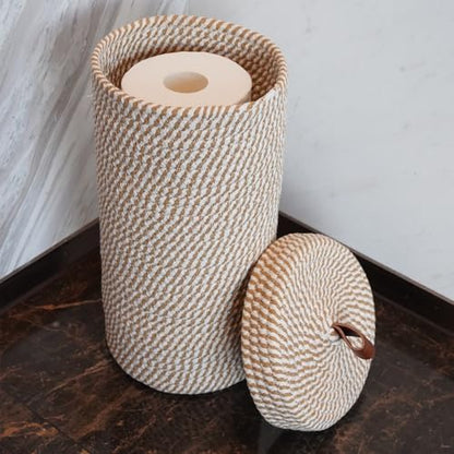 Toilet Paper Holder Handmade – Woven Cotton Toilet Paper Stand & Storage Basket with Lid, Freestanding Organizer for Bathroom, Fits 3 Mega Rolls Gradient Brown 14'' x 7''