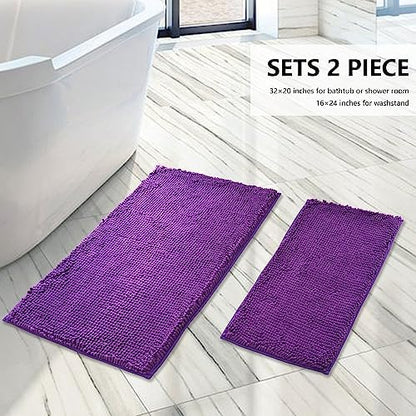 Bathroom Rugs Sets 2 Piece, Extra Soft Chenille Bath Mat Ultra Absorbent Bathroom Rug, Bathroom Mat with Sturdy PVC Non-Slip Bottom, Machine Washable Bath Rugs (20x32 Inch + 16x24 Inch, Purple)