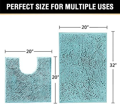 H.VERSAILTEX Original Luxury Chenille Bathroom Rug Mat (32" x 20"/20" x 20"), Extra Soft & Absorbent Shaggy Rugs, Machine Wash/Dry, Perfect Plush Carpet Mats for Tub (Curved Set, Aqua Haze)