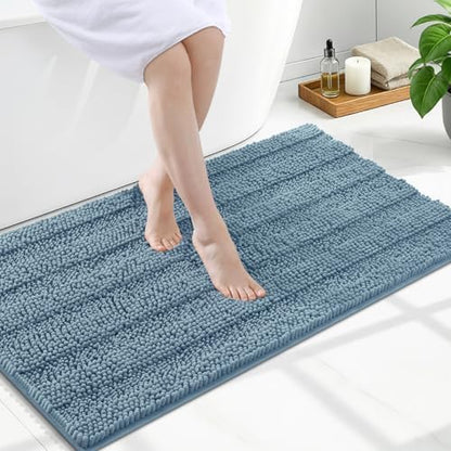 Grandaily Chenille Striped Bathroom Rugs 47x24, Extra Thick and Soft Absorbent Bath Mats, Rubber Backing, Plush Shaggy Shower Carpet, Machine Wash Dry, Bath Rug for Bathroom, Airy Blue