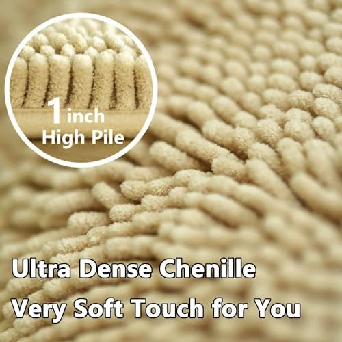 Bathroom Rugs Chenille, Extra Thick and Absorbent, Non-Slip, Machine Washable, Dry Quckily, Soft Cozy Plush, Used Under Shower Bathtub and Sink, Bath mat Sets Camel