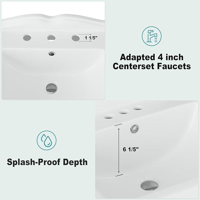 Vintage Bathroom Pedestal Sink, 19 in L x 23 in W Retro White Bathroom Sink With Overflow Hole, Freestanding Ceramic Sink With 3 Pre-Drilled Holes for 8 in Faucets
