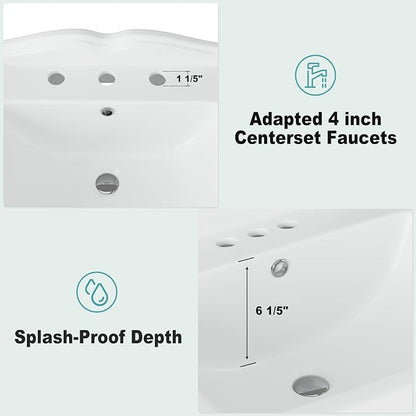 Pedestal Sink Vintage Square Basin with 8 inch 3-Hole Faucet Layout, Traditional Bathroom Sink for Home Vanity Upgrades, Classic Pedestal Design for Bathroom Renovation