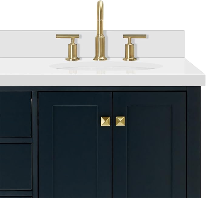 ARIEL Cambridge 66-inch Bathroom Vanity with Sink,Solid Wood, 1.5-inch Pure White Quartz Countertop & Backsplash, Double Oval Porcelain Sink, 4 Soft Closing Doors, 6 Dovetail Drawers, Midnight Blue