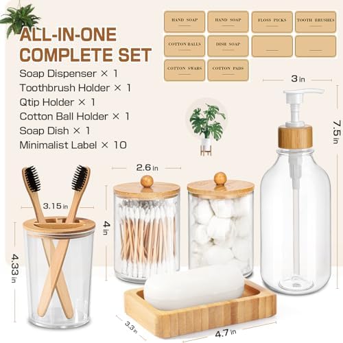 Bamboo Bathroom Accessory Set 5 Pcs, Boho Bathroom Accessories Sets Complete, Clear Bath Soap Dispenser and Toothbrush Holder Set, Soap Dish, Cotton Swab Jar, Boho Organizer