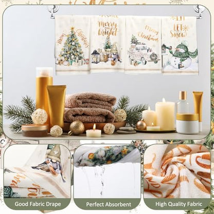 FuWeave 8 Pcs Christmas Shower Curtain Set Xmas Santa Bathroom Decoration Christmas Tree Hand Towels Snowman Toilet Lid Cover Bathroom Rugs Xmas Shower Curtain with Hooks (Vintage Style)