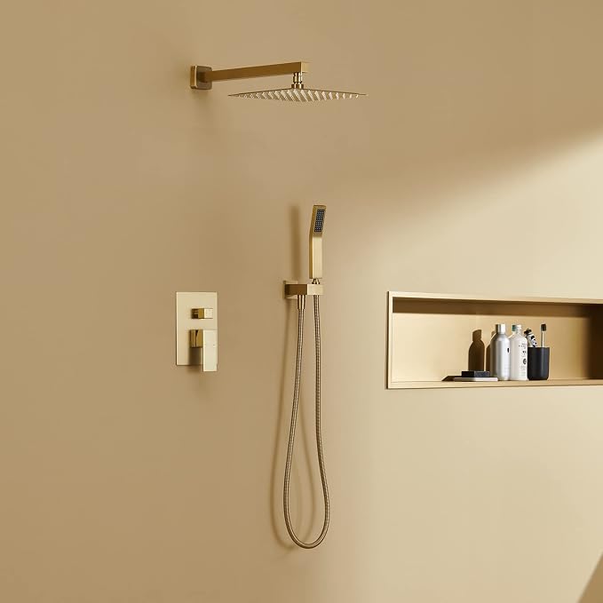 Shower System 10 Inches Rain Shower Combo Set Brushed Gold Wall Mount Faucet Bathroom Faucets with Rainfall Shower Head and Hand Shower
