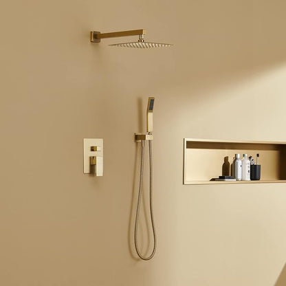 Shower System 10 Inches Rain Shower Combo Set Brushed Gold Wall Mount Faucet Bathroom Faucets with Rainfall Shower Head and Hand Shower