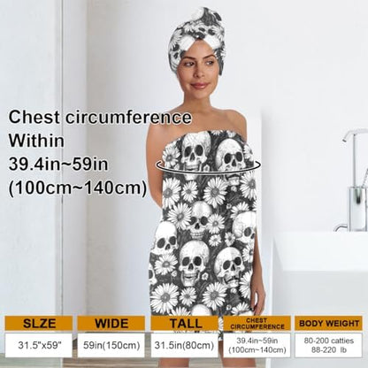 Gothic Bath Wrap Set with Hair Turban, Black White Skull Daisy Pattern, Spa Towel Wrap