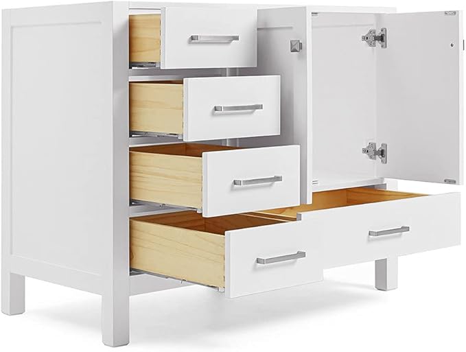 ARIEL Cambridge 42-inch Bathroom Vanity Base Cabinet,Solid Wood, 2 Soft Closing Doors, 5 Dovetail Drawers, White