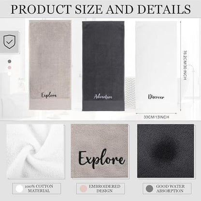 Tiamon 3 Pcs Bathroom Towel Decorative Set 100% Cotton Fluffy Bath Hand Towels for Guest Gifts Farmhouse Kitchen Hand Towels Home(Black, White, Gray,30 x 13 Inch,Discover, Explore, Adventure)