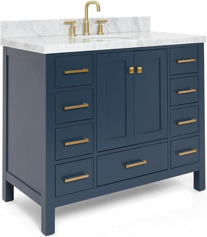 ARIEL Cambridge 42-inch Bathroom Vanity with Sink,Solid Wood, 1.5-inch Italian Carrara Marble Countertop, Single Oval Porcelain Sink, 2 Soft Closing Doors, 9 Dovetail Drawers, Midnight Blue