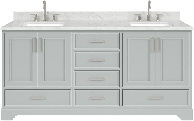 ARIEL Stafford 72-inch Bathroom Vanity with Sink,Solid Wood, 0.75-inch Italian Carrara Marble Countertop, Double Rectangular Porcelain Sink, 4 Soft Closing Doors, 6 Dovetail Drawers, Grey