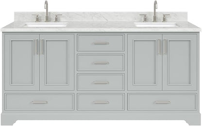 ARIEL Stafford 72-inch Bathroom Vanity with Sink,Solid Wood, 0.75-inch Italian Carrara Marble Countertop, Double Rectangular Porcelain Sink, 4 Soft Closing Doors, 6 Dovetail Drawers, Grey