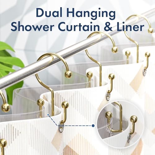 Bathway Shower Curtain Hooks Gold Shower Curtain Rings, 12 Pcs Double Hook Shower Curtain Hooks Rings Shower Curtain Hangers Rust Proof, Metal Shower Hooks for Bathroom Shower Curtain Rod