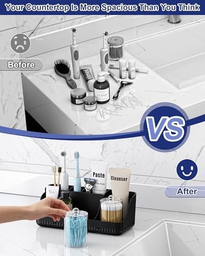 Bathroom Counter Organizer and Storage with 2 Pack Qtip Holder Dispenser, 7 Slots Detachable Toothbrush Holders for Bathrooms, Anti-Slip Electric Toothbrush and Toothpaste Holder Countertop