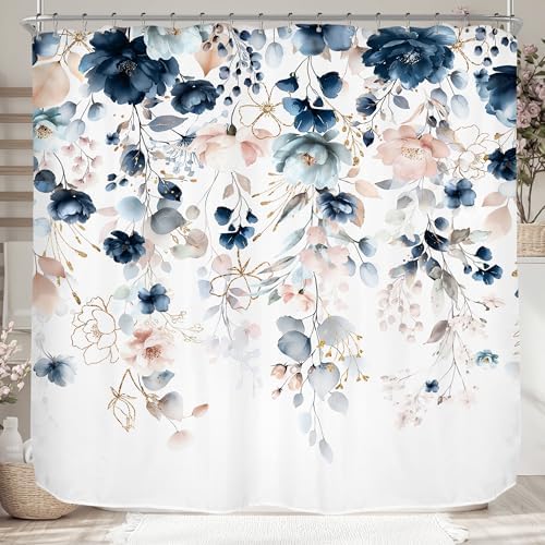 Pink Blue Floral Extra Wide Rustic Bathroom Shower Curtain Set