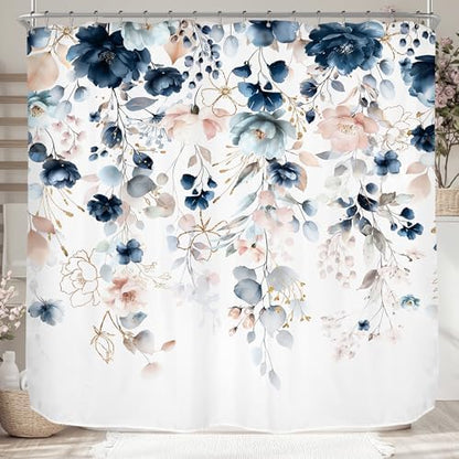 Pink Blue Floral Extra Wide Rustic Bathroom Shower Curtain Set