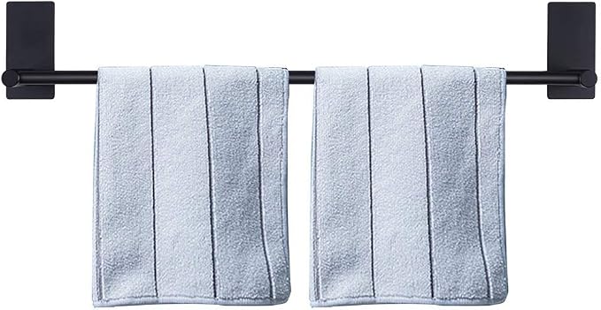 NearMoon Self Adhesive Bathroom Towel Bar- Stainless Steel Bath Wall Shelf Rack Hanging Towel Stick On Sticky Hanger Contemporary Style, NO Drilling (2 Pack, Matte Black, 24-Inch Towel Rack)