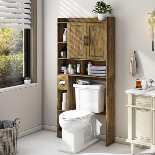 Vabches Farmhouse Over The Toilet Storage Cabinet with Barn Door, Brown