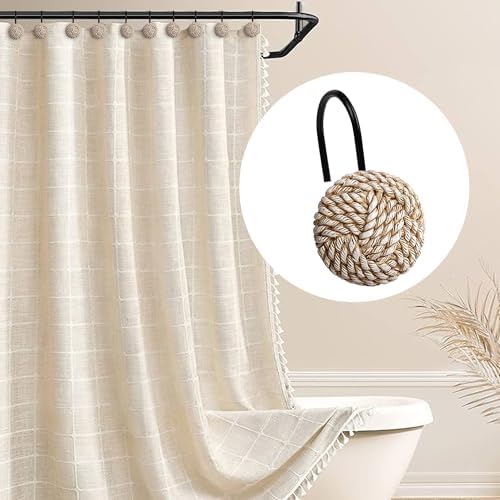 Sunlit Boho Knots Shower Curtain Hooks, Home Decorative Shower Curtain Rings with Black Hooks for Bathroom, Seaside Nautical Shower Curtain Hangers Bathroom Accessories, Set of 12