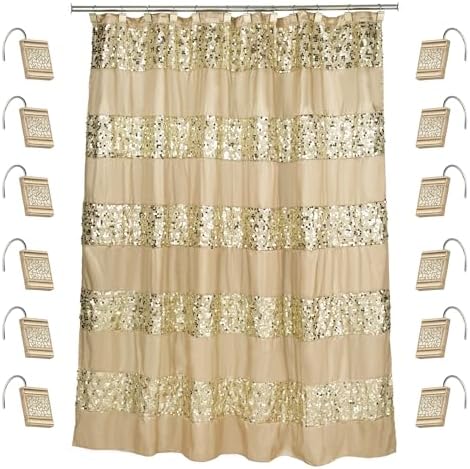 Zahari Home 13pc Sinatra Bathroom Shower Curtain Set - Gold Curtain & 12 Champagne Hooks - Luxury Fabric Bling Unique Beautiful Set