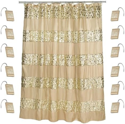 Zahari Home 13pc Sinatra Bathroom Shower Curtain Set - Gold Curtain & 12 Champagne Hooks - Luxury Fabric Bling Unique Beautiful Set