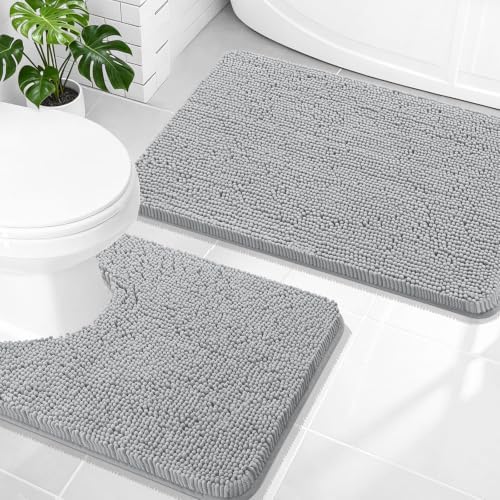 OLANLY Chenille Bathroom Rugs Mats Set 2 Piece, 30"x20"+24"x20", Light Grey