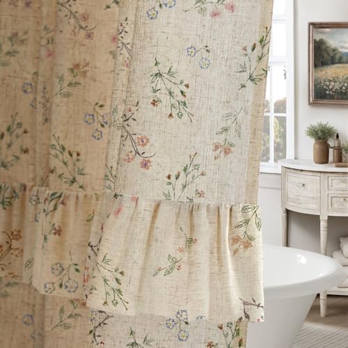 Floral Farmhouse Vintage French Country Ruffle Linen Shower Curtain 60Wx72H