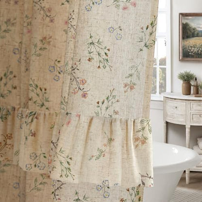 Floral Farmhouse Vintage French Country Ruffle Linen Shower Curtain 60Wx72H
