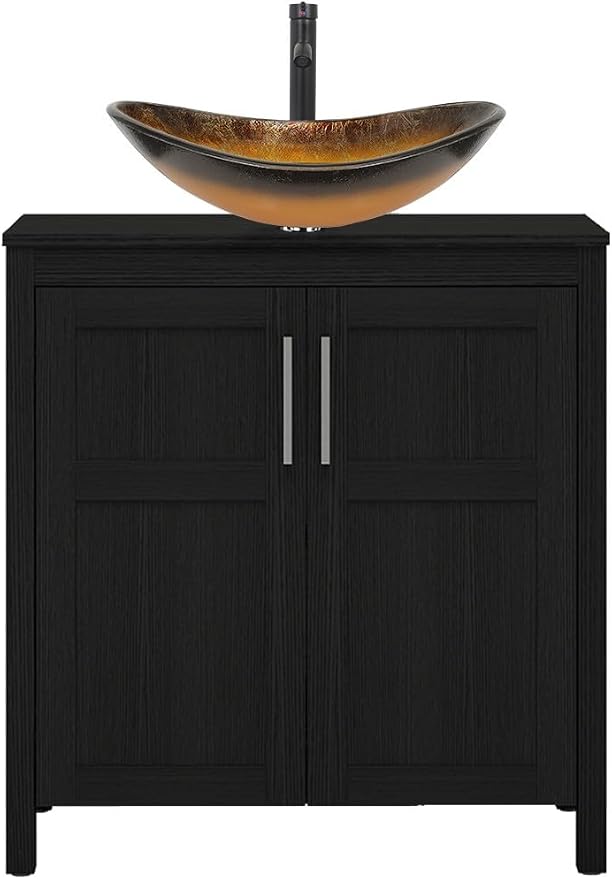 YOURLITE 30" Bathroom Vanity with Sink, Black Bathroom Vanity Cabinet with Faucet & Pop Up Drain Set,Traditional Vanity with Black Glass Bowl Bathroom Sink