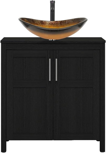 YOURLITE 30" Bathroom Vanity with Sink, Black Bathroom Vanity Cabinet with Faucet & Pop Up Drain Set,Traditional Vanity with Black Glass Bowl Bathroom Sink