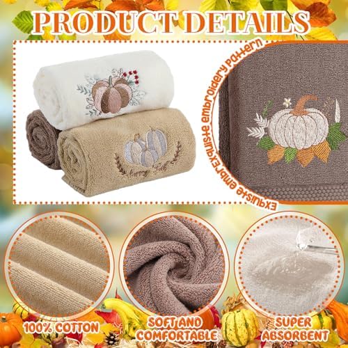 FuWeave 3 Pcs Brown White Fall Pumpkins Hand Towels for Bathroom