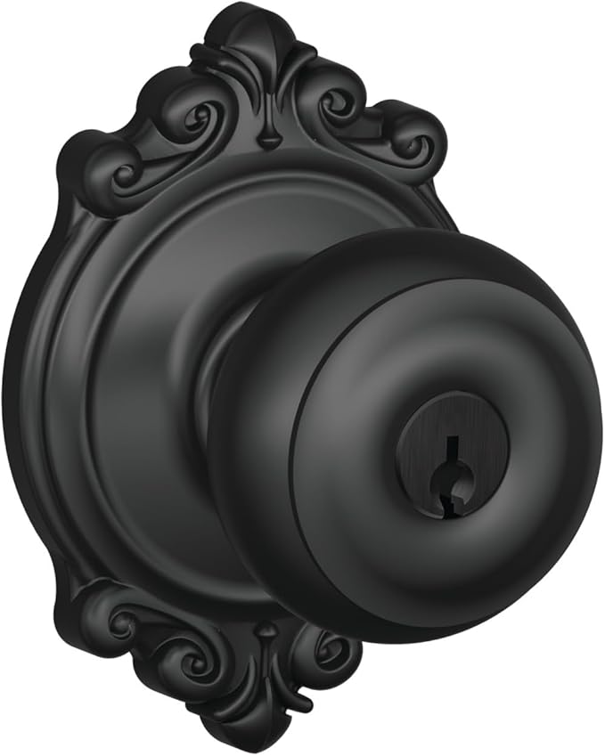 SCHLAGE F51A GEO 622 BRK Georgian Knob with Brookshire Trim Keyed Entry Lock, Matte Black