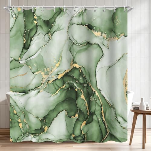Olive Green Marble Shower Curtain Modern Abstract Luxury Gold Ink Texture Ombre Watercolor Bathroom Curtain Set with Hooks Soft and Lightweight Waterproof Fabric Machine Washable 72" Wx72 L