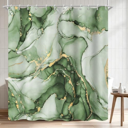 Olive Green Marble Shower Curtain Modern Abstract Luxury Gold Ink Texture Ombre Watercolor Bathroom Curtain Set with Hooks Soft and Lightweight Waterproof Fabric Machine Washable 72" Wx72 L