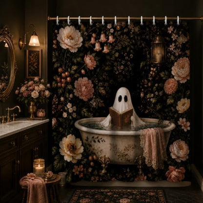 Ghost Shower Curtain 72 x 72 Inch, Waterproof Polyester Halloween Bathroom Curtain with 12 Plastic Hooks, Dark Floral Vintage Bathtub Bath Curtain for Tub Decor