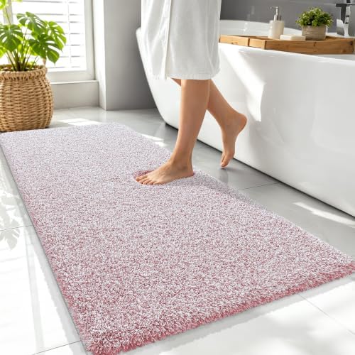 OLANLY Microfiber Bathroom Rugs 47x24, Quick Dry Mat, Deep Rose and White