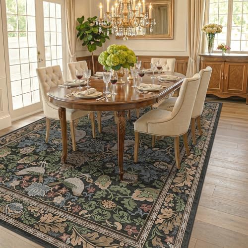 Washable Living Room Rug 6x8 - Green Floral Nature Rugs for Bedroom, Office, Dining Room Kitchen Table Rug for Under Table, Non-Slip Stain Resistant Low Pile Throw Carpet Indoor Door Mat