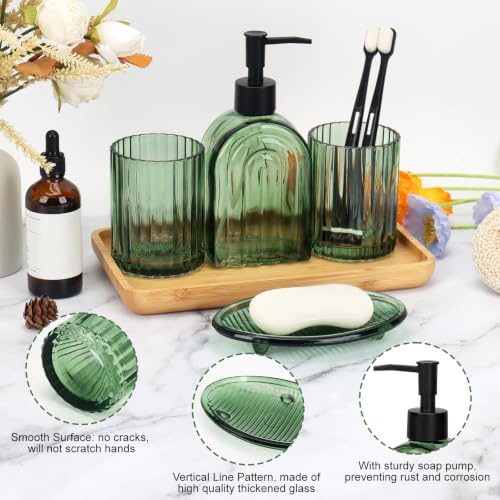Bathroom Accessories Set, 4Pcs Glass Bathroom Accessories Set Complete, 13.5OZ Lotion Soap Dispenser, Toothbrush Holder, Mouthwash Cup, Soap Dish for Bathroom Decor, Countertop Organizer (Green)
