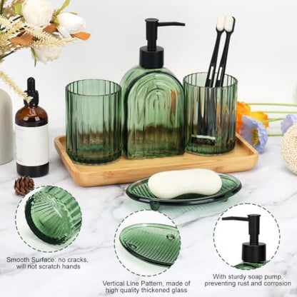 Bathroom Accessories Set, 4Pcs Glass Bathroom Accessories Set Complete, 13.5OZ Lotion Soap Dispenser, Toothbrush Holder, Mouthwash Cup, Soap Dish for Bathroom Decor, Countertop Organizer (Green)