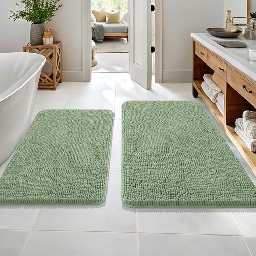 OLANLY Chenille Bathroom Rugs Mats Set 2 Piece, 36"x24"+30"x20", Sage Green