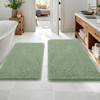 OLANLY Chenille Bathroom Rugs Mats Set 2 Piece, 36"x24"+30"x20", Sage Green