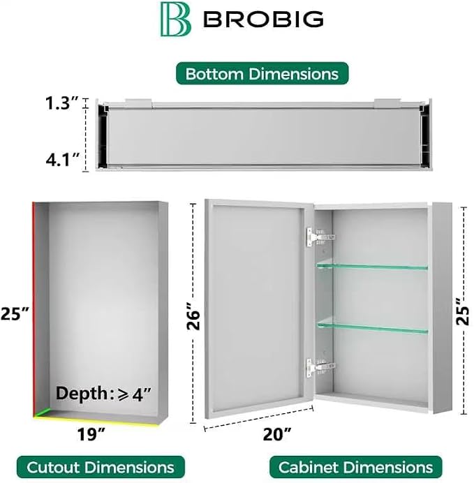 20 x 26 Aluminum Medicine Cabinet Mirror, Moisture & Rust Resistant Bathroom Wall Cabinet with Mirror, Recessed or Surface Mount with Adjustable Shelves, Tempered Glass & Soft Close Hinges