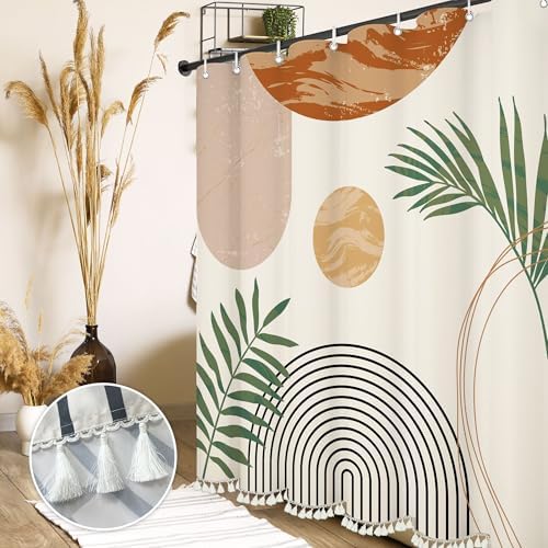 Boho Mid Century Leaf Shower Curtain Set,Arch Sun Design,Minimalistic Leaves Pattern,Waterproof and Luxurious Fabric-12 Hooks(Beige-72" x 84")