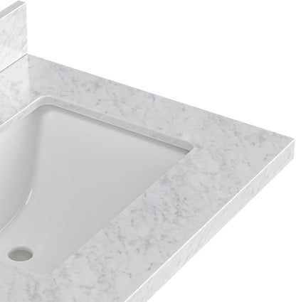 ARIEL Cambridge 60-inch Bathroom Vanity with Sink,Solid Wood, 1.5-inch Italian Carrara Marble Countertop, Double Rectangular Porcelain Sink, 4 Soft Closing Doors, 6 Dovetail Drawers, Brown Oak