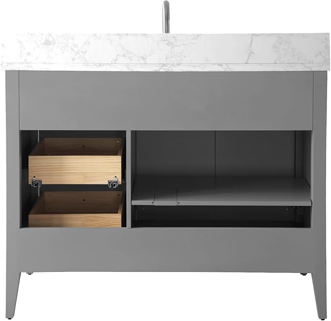 HOMEBEYOND 42" Bathroom Vanity with Sink, Solid Wood Bathroom Vanity Free-Standing Cabinet, Drawers, Ceramic Top & Soft Closing Door, Golden Brushed Handware, Cashmere Gray