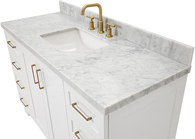 DKB Emilia 54-Inch White Bathroom Vanity with 1.5-Inch Edge Italian Carrara Marble Countertop & Splash, Rectangular Sink, 2 Soft Closing Doors, 9 Full Extension Dovetail Drawers, Satin Brass
