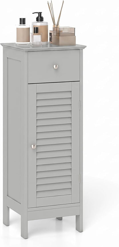 GIANTEX Bathroom Floor Storage Cabinet with Door and Drawer, Grey | Freestanding Side Cabinet with 3-Height Adjustable Shelf, Slim Cupboard, Storage Organizer Cabinet for Bedroom Living Room